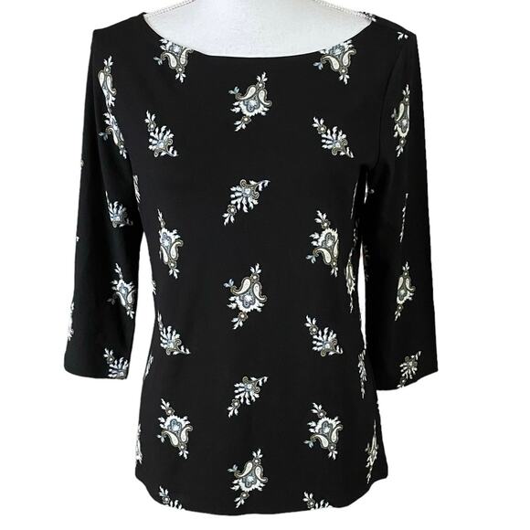 NEW Ann Taylor Factory Size S Floral Print Tee 3/4 Sleeves Boat Neck - Picture 1 of 4